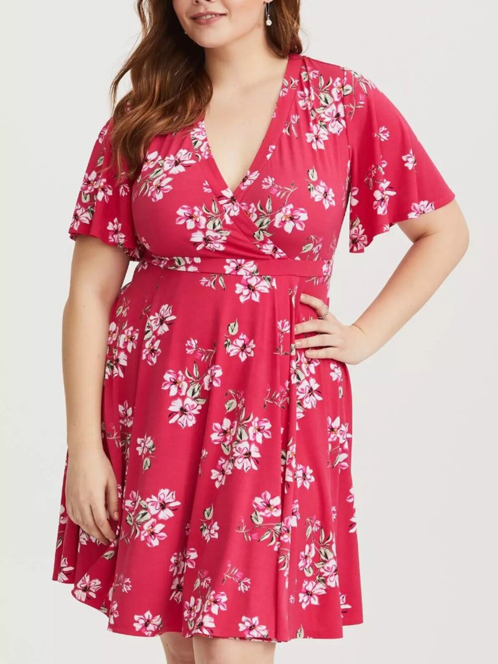 Torrid Bright Pink Floral Faux Wrap Dress